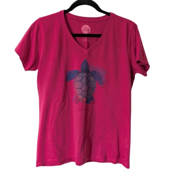 NWOT Life Is Good Cotton V-Neck Tee with Turtle Graphic Magenta Size M - Picture 1 of 5